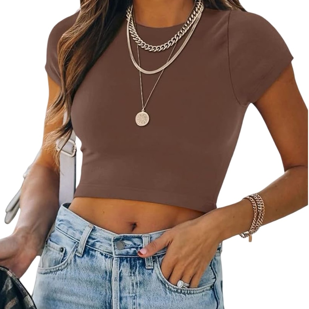 Reoria Chocolate Brown Women's Body-con Crop Top Crew Neckline Small Minimalist